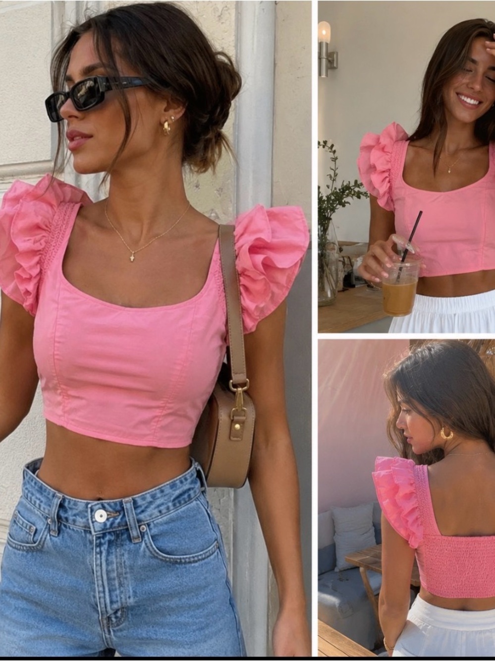 Zara Pink Ruffle-Shoulder Crop Top